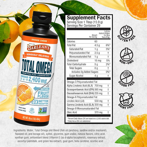 Total Omega 3 Fish Oil Liquid Supplement, Barlean's - Orange Crème Flavored, 16 oz