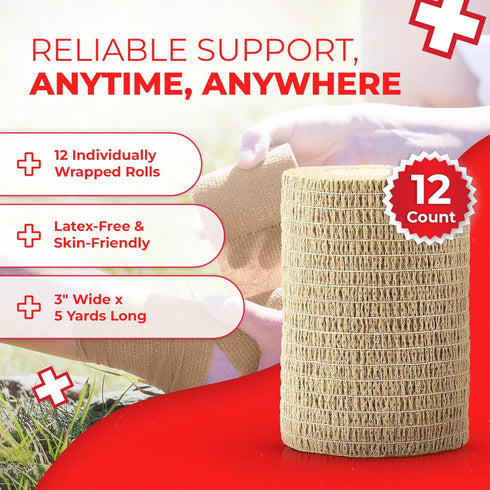 Ever Ready First Aid Self Adherent Cohesive Bandages, 3" x 5 Yards, 12 Count, Tan