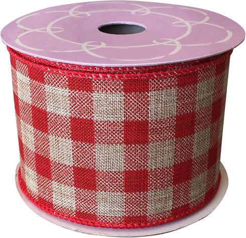 Red Gingham Wired Ribbon 2 1/2" x 10 Yards, Rustic Wedding Decoration, Gift Basket, Fall Decor