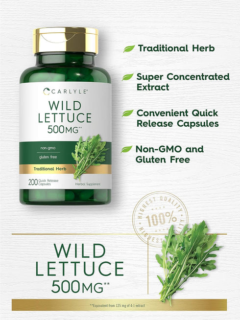 Carlyle Wild Lettuce Extract 500mg | 200 Capsules | Non-GMO, Gluten Free