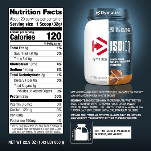 Dymatize ISO100 Whey Protein Powder - 25g Hydrolyzed 100% Whey Isolate - Gluten Free, Fast Digesting, Chocolate Peanut