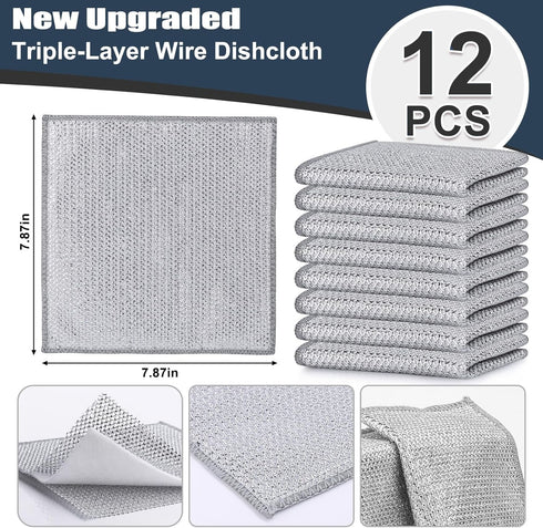 Navona 12 Pcs Upgrade Steel Wire Dishcloth, Triple-Layer Non-Scratch Cleaning Rag for Cookware, Sinks, Dishes