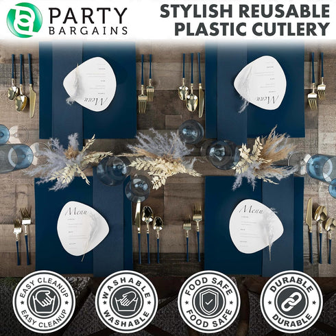 Party Bargains Disposable Plastic Navy Gold Salad Forks, Infinity Modern Design Utensils, 20 Pack