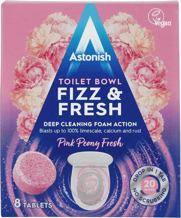 Astonish Foaming Pink Peony Toilet Bowl Cleaner - Deep Cleaning Limescale, Box of 8 Tablets for Hard Stains