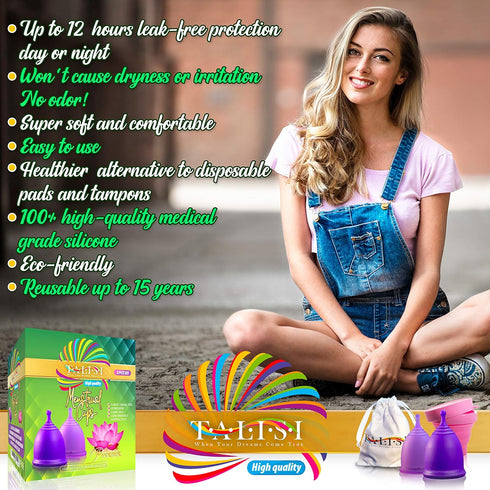 Talisi Reusable Menstrual Cup Set of 2 (Small & Large) with Foldable Silicone Sterilizer, Feminine Hygiene