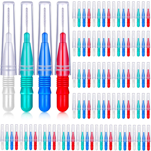 BBTO 100 Pcs Dental Brush Flosser for Braces, Interdental Brush Toothpick, Oral Dental Cleaners (Red, Blue, White,