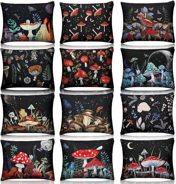 Kajaia 12 Pcs Portable Mushroom Makeup Bags, Cute Travel Cosmetic Organizers with Zipper Pouch