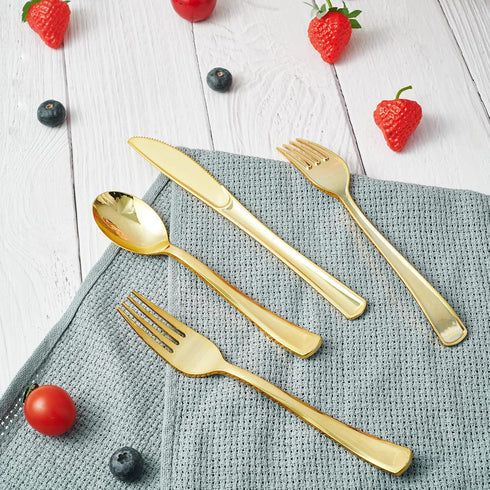 FOCUSLINE 75 Pack Gold Plastic Silverware Set - 25 Forks, 25 Knives, 25 Spoons - Heavy Duty Disposable Cutlery