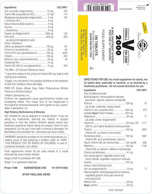 Solgar Formula VM-2000 (Multinutrient System), 180 Tablets - Premium Quality Multiple for Immune Support