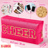 Y1tvei CHEER Large Cosmetic Bag - Preppy Patch CHEER Hot Pink Chenille Letter Makeup Bag PU Leather Waterproof Portable Cheer Letter Toiletry Pouch Travel Organizer for Cheerleader Girl (Rose Red)