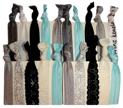 Kenz Laurenz Hair Ties Ponytail Holders - 20 Pack "Bridal Lace Silver Glitter" Ouchless Elastic Bands