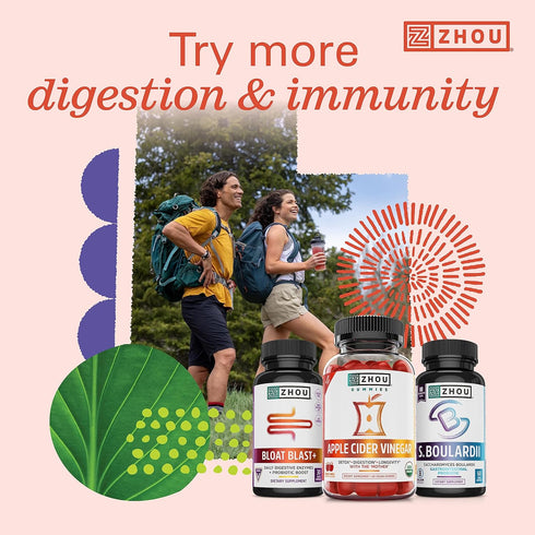Zhou Nutrition Gut Guru - 60 Count, 2 in 1 Probiotic and Prebiotic Gummies for Digestive Health, Vegan, Gluten Free