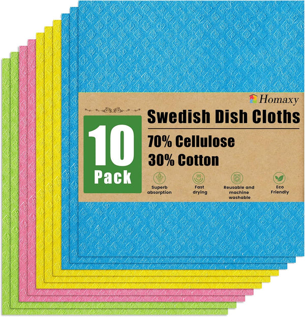 Homaxy Swedish Dishcloths for Kitchen, 10 Pack Reusable Washable Cellulose Sponge Cloths, Absorbent Dish Towels