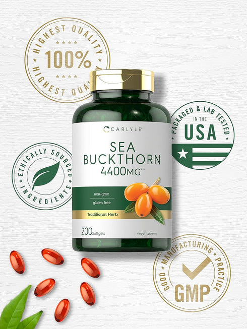 Carlyle Sea Buckthorn Oil Capsules 4400mg 200 Softgels, Non-GMO, Gluten Free Sea Buckthorn Berry Oil Supplement
