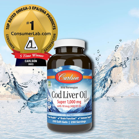 Carlson Cod Liver Oil Gems, 1000 mg, 250 mg Omega-3s, 400 IU Vitamin D3, Wild Caught Norwegian Arctic Cod, 250 Softgels