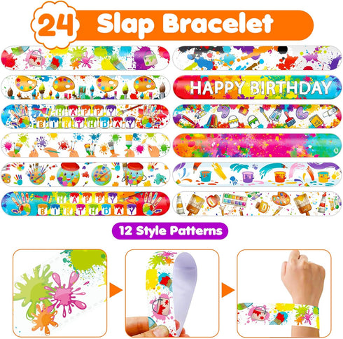 48PCS Art Party Favors: 24 Tattoos, 24 Slap Bracelets, Themed Birthday Supplies, Gifts for Girls Boys