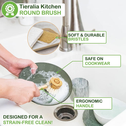 Set 5-Piece Set 2 Tieralia Bamboo Dish Brush Gift Kitchen Cleaning with Bottle Brush, Round Scrub Brush, Palm Brush