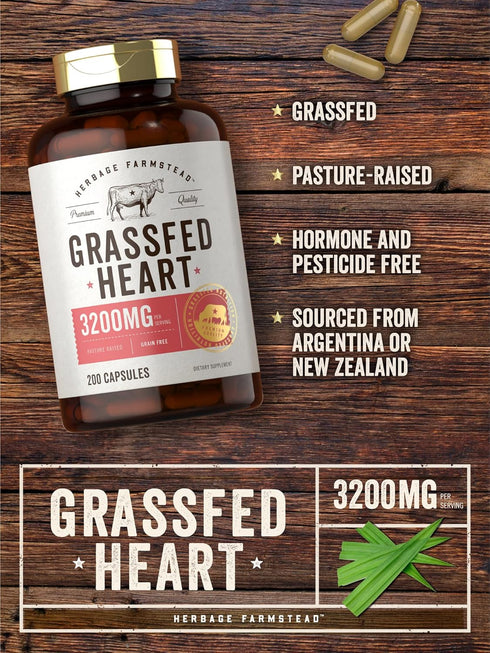Carlyle Grass Fed Beef Heart Supplement | 3200mg | 200 Count | Desiccated Pasture Raised Bovine Capsules, Non-GMO