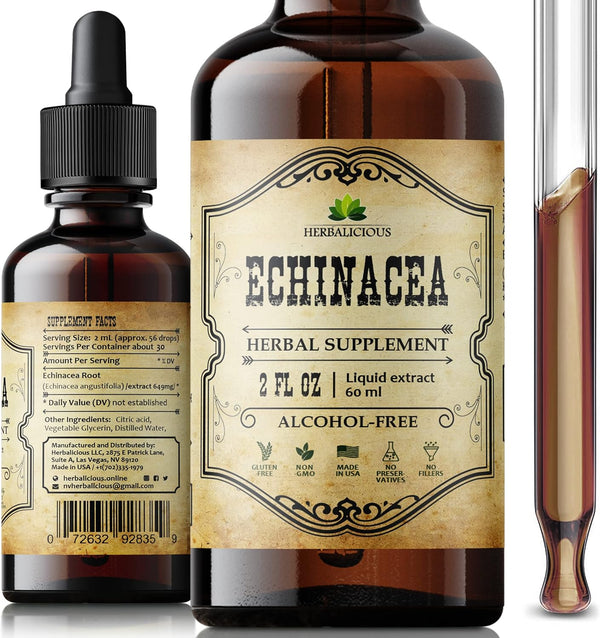 Echinacea Supplement Liquid Drops - Natural Root Extract, Antioxidant Rich for Immune Function Support, Vegan, 2 Fl. Oz.