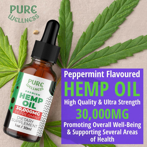 Organic Hemp Seed Oil (2 Oz), Peppermint Flavor, High Potency 30,000 mg for Natural Pain Relief