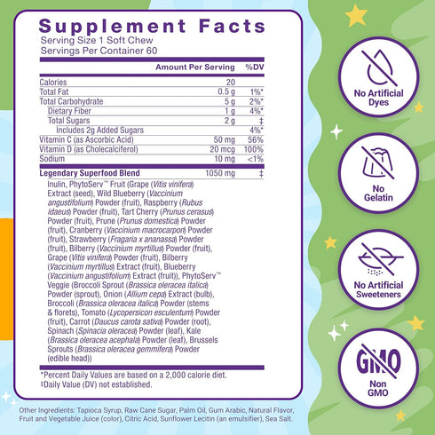 FORCE FACTOR Kids Superfood Super Chews, Very Berry Grape Flavor, 60 Soft Chews, 2-Month Supply, Kids Vitamins & Immune
