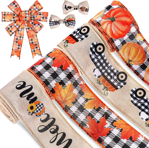 Whaline 30 Yard Fall Thanksgiving Wired Edge Ribbon, Buffalo Plaids, Autumn Leaves