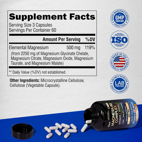 Magnesium Supplement - 5 in 1 Complex 500 mg | Glycinate | Citrate | Malate | Taurate | Oxide - Made in USA - Stress, Muscle & Heart Support - Vegan, Natural, Non-GMO - 180 Capsules, 2 Month Supply