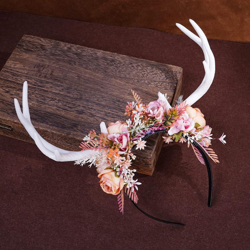 MOSTORY Handmade Pink White Antler Headband - Boho Fairy Deer Horns Hair Accessory for Renaissance Halloween Cosplay
