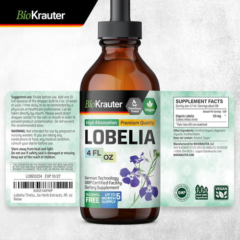 BIO KRAUTER Lobelia Tincture - Vegan Alcohol & Sugar Free Respiratory Support Supplement - 4 Fl.Oz.