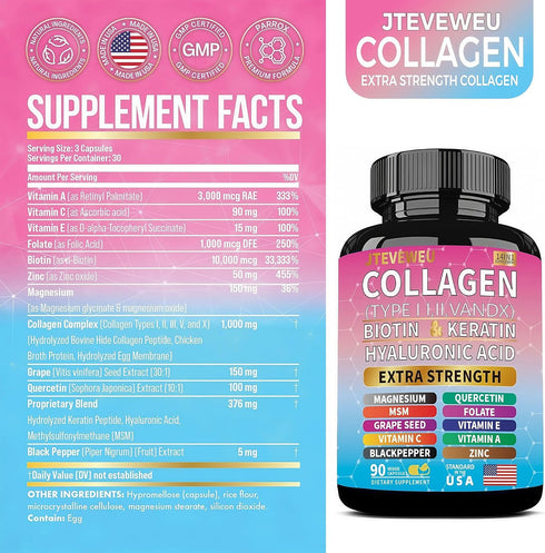 JTEVEweu 13+ 90 Collagen Supplement - Type I, II, III, V and X - with Biotin, Keratin, Hyaluronic Acid & Extra Strength