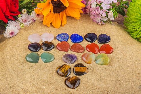 JIC Gem 20 pcs Mixed Crystal Heart Stones, Heart Shape Chakra Stones, 30mm Reiki Balancing Hand Carved