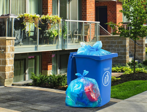 Recycling Trash Bags, 55 Gallon, Large Blue Plastic Garbage Bags (50 Bags w/Ties)