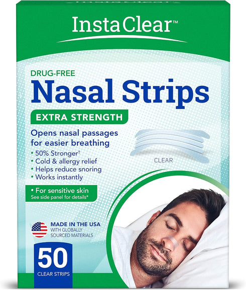 Extra-Strength Nasal Breathing Strips Clear, 50 ct, Instant Nasal Congestion Relief, Stops Snoring, Cold & Allergy