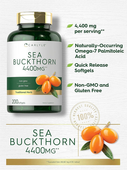 Carlyle Sea Buckthorn Oil Capsules 4400mg 200 Softgels, Non-GMO, Gluten Free Sea Buckthorn Berry Oil Supplement