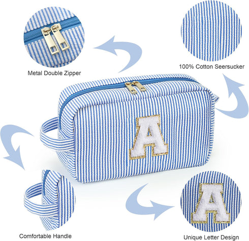 Makeup Bag for Women - Monogram Cute Initial Blue Makeup Bags, Cosmetic Toiletry Pouch, Personalized Birthday Gifts for