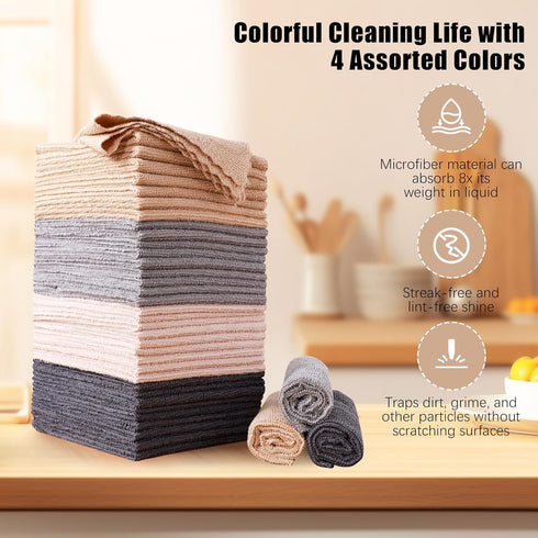 MOONQUEEN 72 Pack Microfiber Cleaning Cloth - Reusable Fast Drying Cleaning Towels, 12"X12", Grey/Light Grey/Brown/Cream