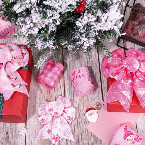 Whaline 6 Rolls Christmas Wired Edge Ribbon 30 Yards Pink Buffalo Plaid Santa Snowman Snowflake for Gift Wrapping Crafts