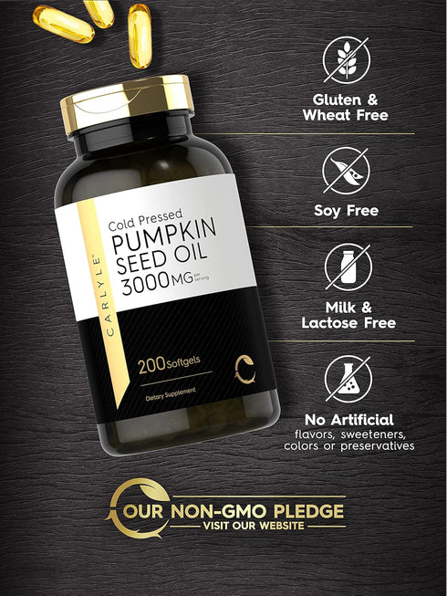 Carlyle Pumpkin Seed Oil 3000mg, 200 Softgel Capsules, Non-GMO and Gluten Free Cold Pressed Dietary Supplement