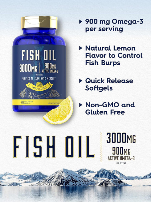 Carlyle Fish Oil 3000mg | 900mg Omega 3 | 90 Softgels, Lemon Flavor, Non-GMO, Gluten Free