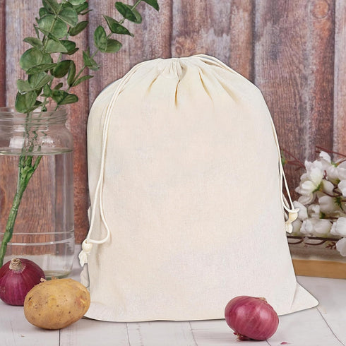 VillageCulture Pack 6 10 12 Inches Muslin Drawstring Bags of Pcs Unbleached Reusable bags Favor Pouches for Crafts