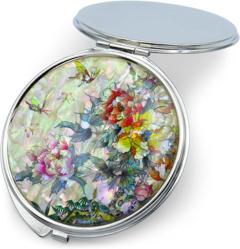 MADDesign Mother of Pearl Compact Makeup Mirror, Folding Magnify, Butterfly Flowers, Pink Yellow
