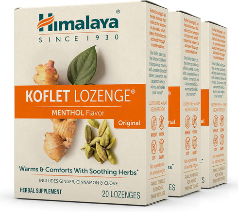 Himalaya Koflet Lozenges, Natural Herbal Cough Drops for Warming Relief and Soothing Throat Comfort, 3-Pack, Menthol