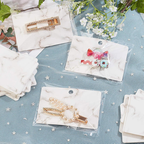 PH PandaHall 100pcs Hair Bow Holder, Marble Pattern Hair Clip Display Cards with 100pcs OPP Bags