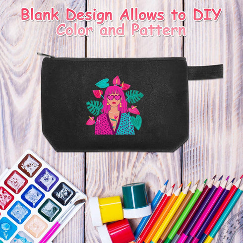 Weewooday 8 Pack Blank DIY Canvas Zipper Pouch - Bulk Makeup Bags for Back to School Gifts, Black