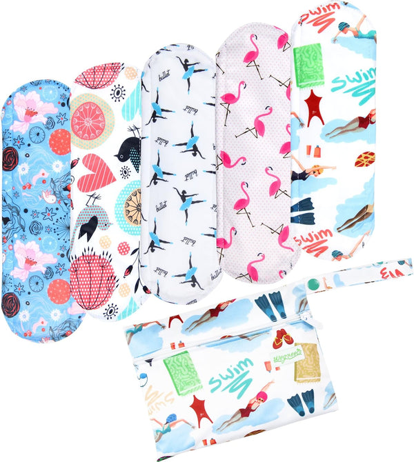 wegreeco Charcoal Reusable Menstrual Pads for Women, Reusable Sanitary Pads, 5 Pack with 1 Cloth Wet Bag