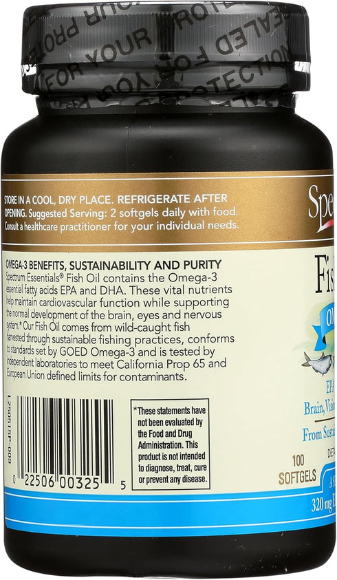 Spectrum Essentials Fish Oil Omega-3 Softgels, 1000 mg, 100 Count