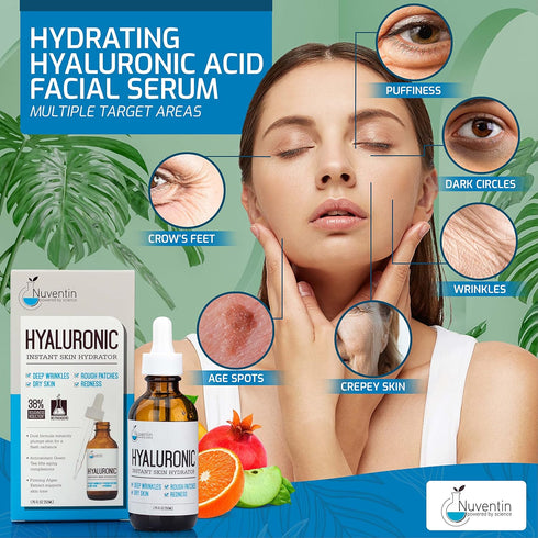 Hyaluronic Acid Serum Facial Booster for Face - Anti Aging Skin Care Hydro-Boost Moisturizer with Vitamin C & E, 1.75