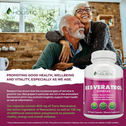 Purely Holistic Resveratrol 1450mg Antioxidant Supplement with Vitamin C, 180 Vegan Capsules