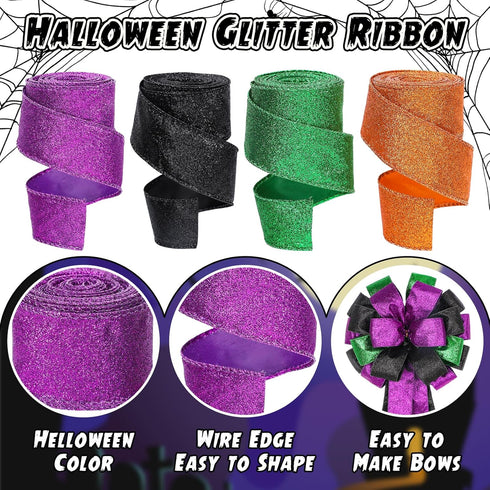 Whaline 40 Yards Halloween Glitter Wired Ribbon, Green, Orange, Purple, Black