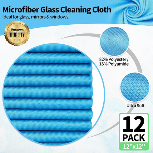 Microfiber Cleaning Cloth, 12 Pack Window Glass Cleaning Rags, Reusable Lint-Free Dust Polishing Cloth Wipes for Stainless Steel, Eyeglasses, Mirrors, Screens & Lenses,12" 12" by HOMERHYME